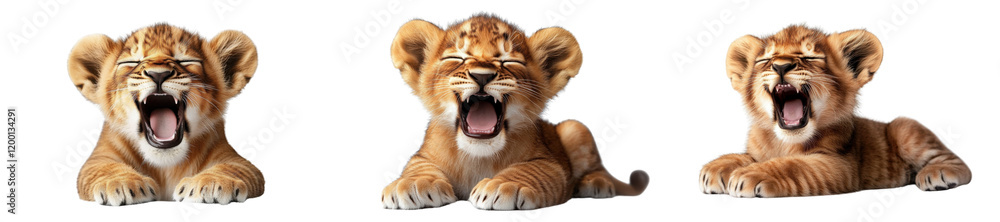 Fototapeta premium cute lion cubs yawning, trio of adorable baby lions
