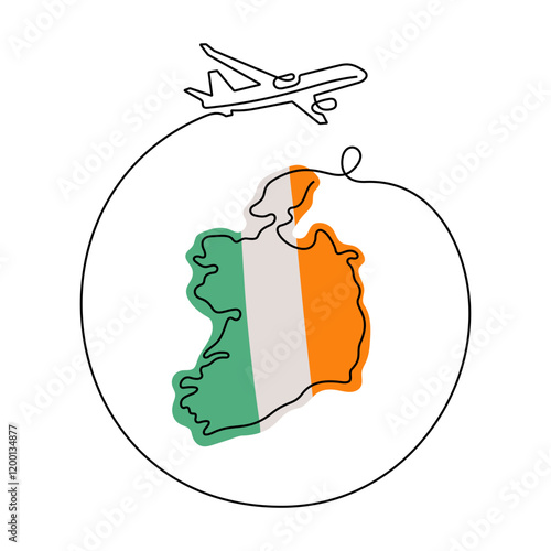 Travel Ireland one line vector illustration. Map of Ireland and airplane drawing