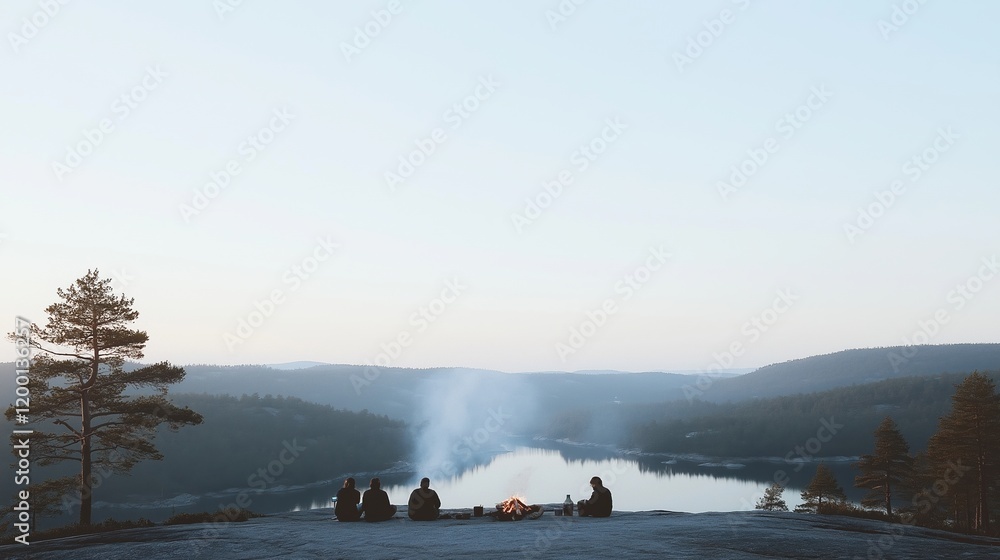 Group of friends gathered around a campfire overlooking a serene lake. Wilderness escape, relaxation, and outdoor adventure. Group of friends gathered around a campfire overlooking a serene lake. Wilderness escape, relaxation, and outdoor adventure.