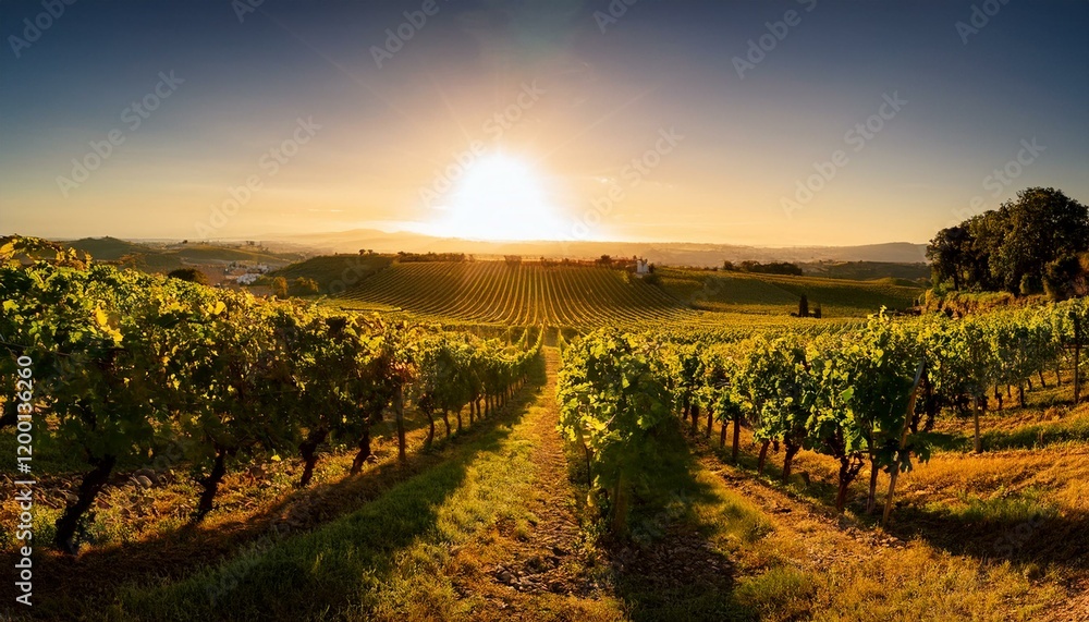 Fototapeta premium a beautiful vineyard bathed in the warm light of a sunrise with neat rows of grapevines stretching into the distance evoking growth and promise