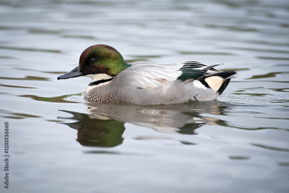 Obraz premium Falcated Teal (Anas falcata) portrait of male on water, The Netherlands