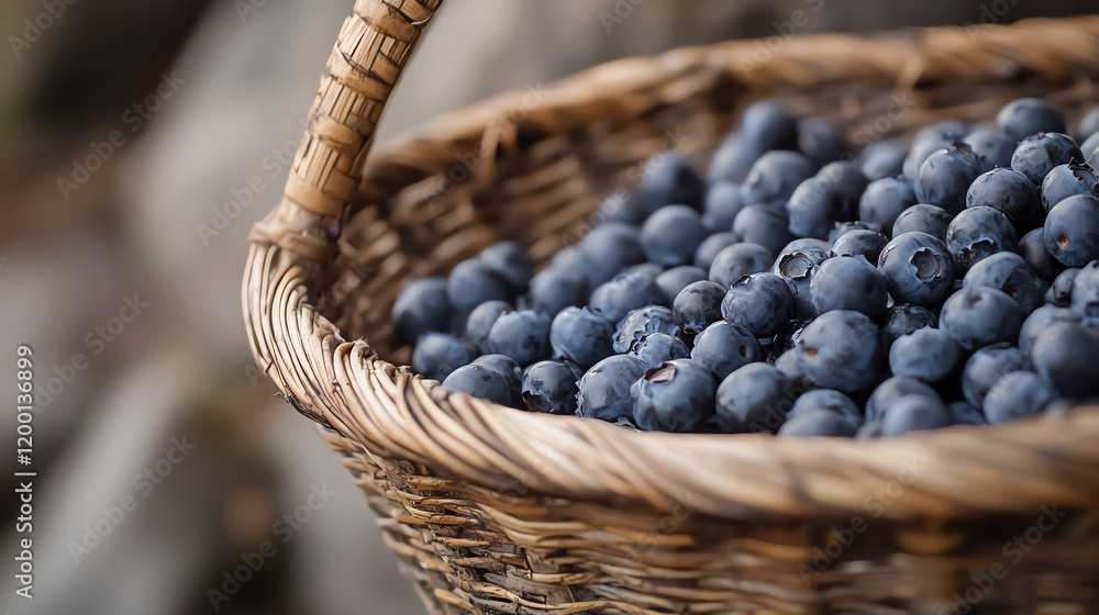 Obraz premium Freshly picked blueberries in a wicker basket, rich in brainboosting nutrients, farmtotable freshness
