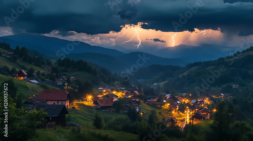 Thunderstorm over a serene mountain village, dark clouds illuminated by flashes of lightning, dramatic and atmospheric weather conditions photo