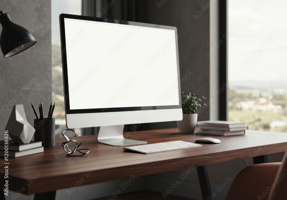 Fototapeta premium A functional and modern computer desk setup with a wooden surface, a white-screen computer, and elegant decor items.
