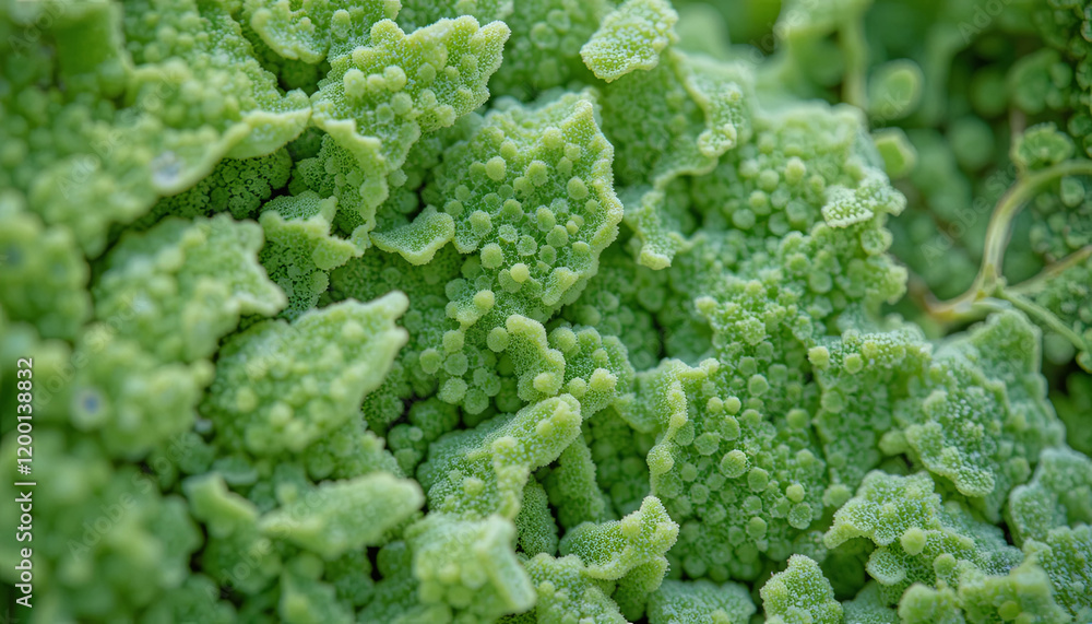 A detailed look at a head of romanesco cauliflower, highlighting its unique fractal patterns and vibrant green color. Natural light accentuates the vegetable's texture and details A detailed look at a head of romanesco cauliflower, highlighting its unique fractal patterns and vibrant green color. Natural light accentuates the vegetable's texture and details