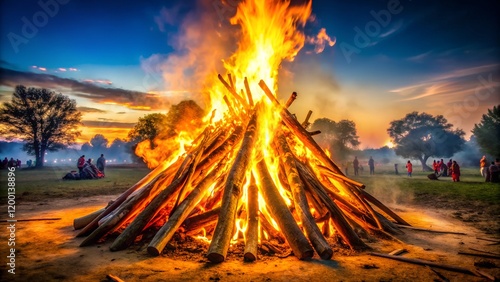 Campfire blaze in the forest at night with flames burning wood and smoke rising in the dark, creating a warm, dangerous, and fiery atmosphere photo