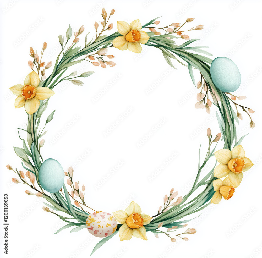 Watercolor Easter wreath with willow, daffodils and eggs, isolated on white background. Watercolor Easter wreath with willow, daffodils and eggs, isolated on white background.