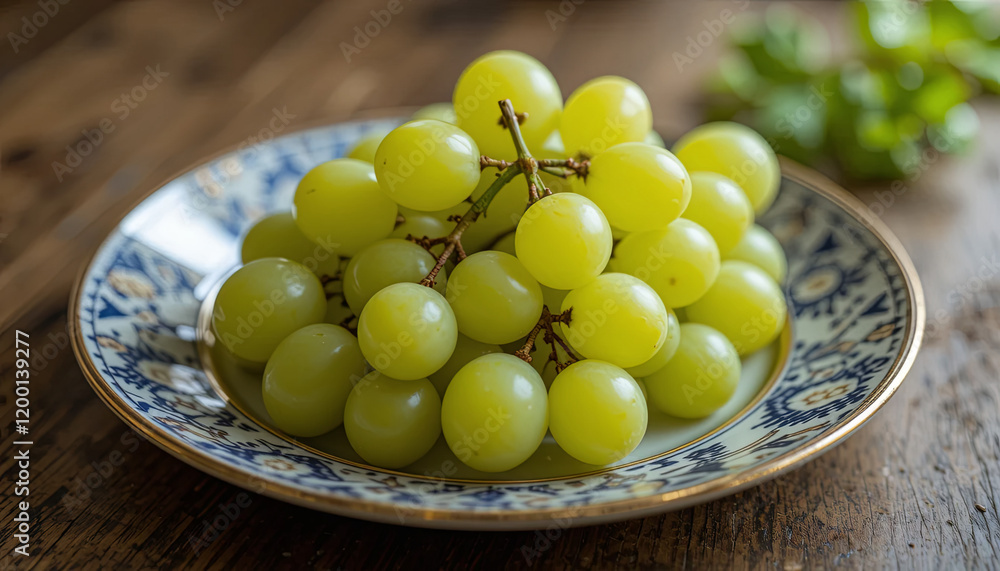 A bunch of fresh green grapes is beautifully presented on a patterned plate, resting on a rustic wooden surface, with hints of greenery in the background A bunch of fresh green grapes is beautifully presented on a patterned plate, resting on a rustic wooden surface, with hints of greenery in the background