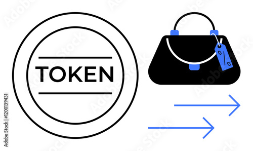 Token with label next to luxury handbag and rightward arrows indicating transaction flow. Ideal for digital payment, e-commerce, blockchain, retail, luxury goods, fintech, online shopping, abstract