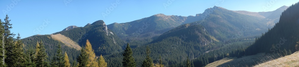 Panorama with cable car route to Kasprowy Wierch, Kasper Peak in Polish Western Tatras, Tatra Mountains, green coniferous forests, glades with beige grasses on autumn and sunny blue sky. Panorama with cable car route to Kasprowy Wierch, Kasper Peak in Polish Western Tatras, Tatra Mountains, green coniferous forests, glades with beige grasses on autumn and sunny blue sky.