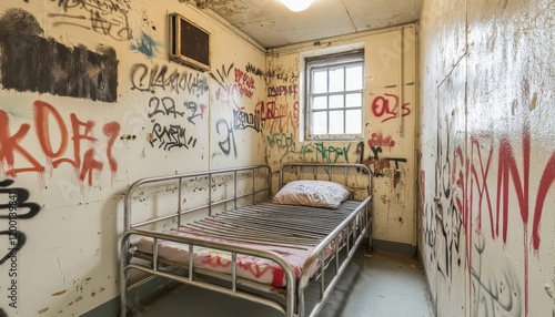 Small prison cell showing graffiti and a bed with a pillow photo