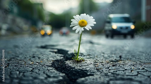 Daisy growing through a crack in the asphalt and cars passing by. Blooming chamomile flower on the grey road. Concept of life renewal 