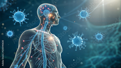Human body with glowing immune system surrounded by virus particles in futuristic digital concept