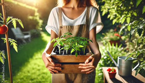 tomato seedlings in a box carried by a woman on the street in sunny weather