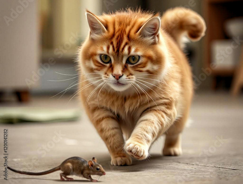 a fat red cat runs after a mouse along the street