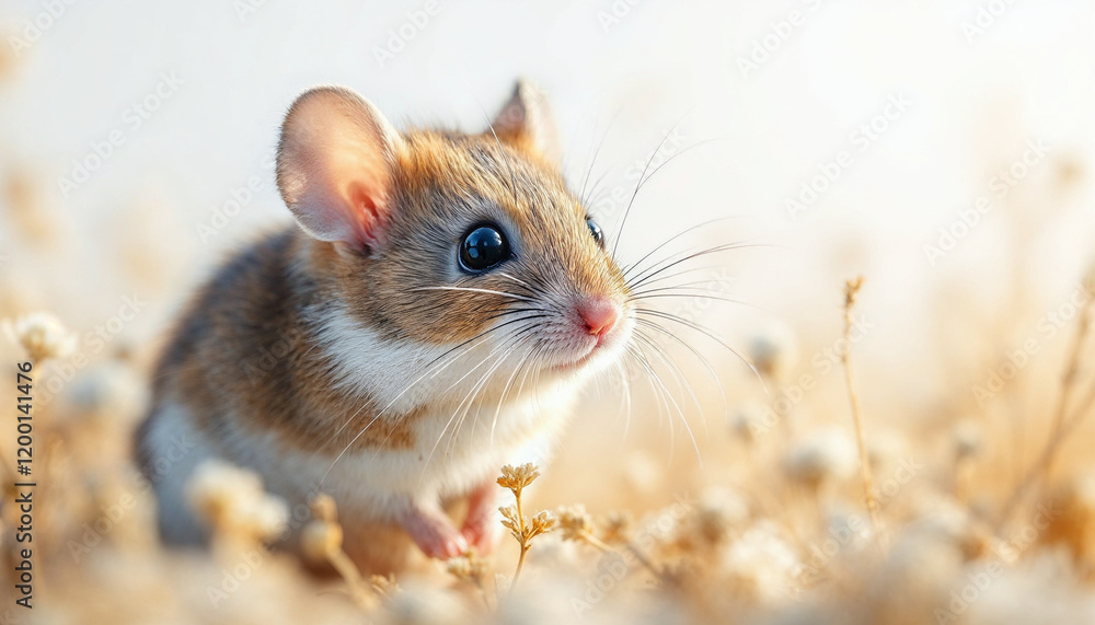 Curious little mouse exploring a field of delicate flowers during golden hour light Curious little mouse exploring a field of delicate flowers during golden hour light