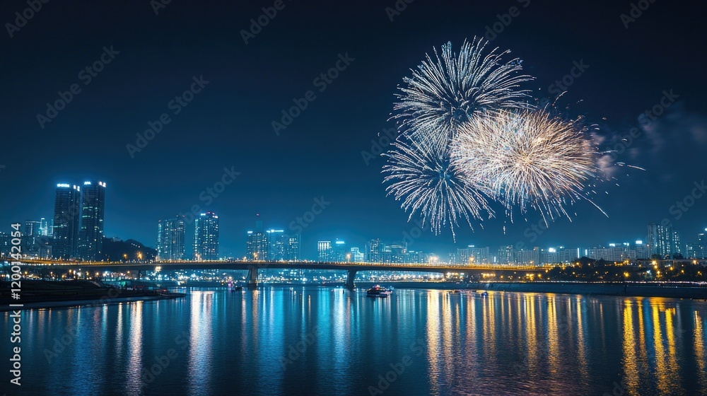 Fototapeta premium Firework display on New Year's Eve in the city center