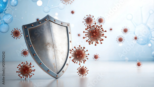 Shield protecting against red and blue viruses symbolizing strong immune defense concept