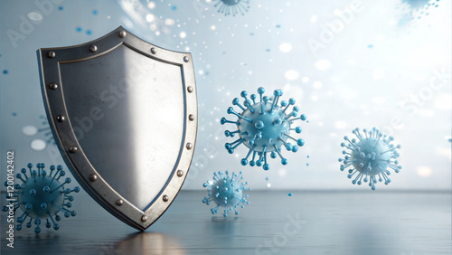 Metal shield surrounded by viruses in concept of health protection and immunity strength
