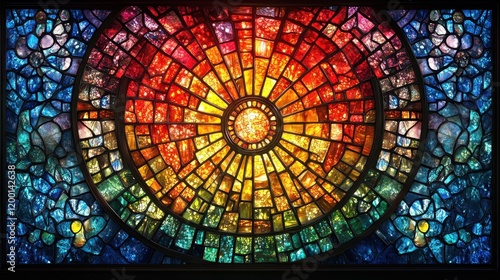A vibrant stained glass window featuring a radiant circular design in warm colors.