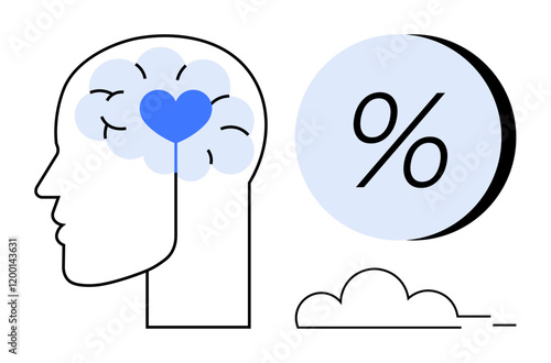 Human head profile with heart in brain, percentage symbol in blue circle, and cloud outline. Ideal for emotional intelligence, psychological analysis, mental health awareness, data visualization