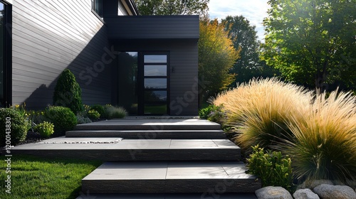 A contemporary house with dark gray walls, ash wood cladding, and a sleek black glass door