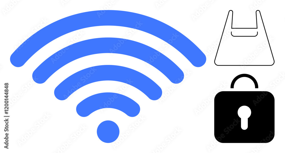 Large blue wireless signal, white shopping bag, and black lock icon. Ideal for internet connectivity, online shopping, cybersecurity, digital transactions, virtual business, data protection secure Large blue wireless signal, white shopping bag, and black lock icon. Ideal for internet connectivity, online shopping, cybersecurity, digital transactions, virtual business, data protection secure