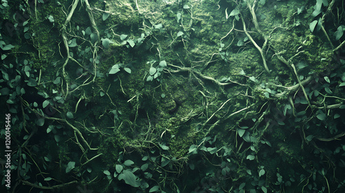 The overgrown forest was a mystical realm filled with lush greenery, tangled vines, and delicate moss covering every surface. Mystic Forest Realm. Illustration photo