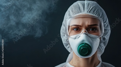 Medical Professional in Respirator Mask and Protective Gear with Serious Expression Amidst Smoke Background photo