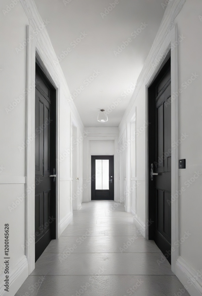 Fototapeta premium Symmetrical view of white corridor with black doors, interior, black, minimalistic, hotel, perspective