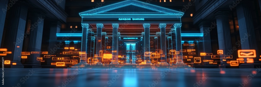 Obraz premium Financial Technology Concept, With Neon Bank Design Illuminated by Abstract Data and Icons