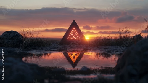 Highquality 3D minimalist scene with Rune symbol and sunrise photo