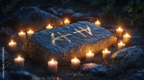 Highquality 3D Kenaz rune image with candles minimalistic style photo