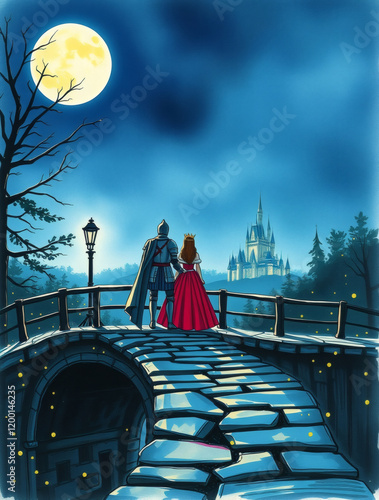 Enchanted evening stroll under the full moon near a fairytale castle photo