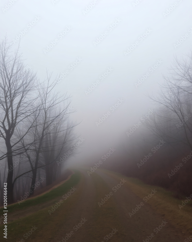 Fog envelops a winding path through bare trees on a quiet morning in the countryside Fog envelops a winding path through bare trees on a quiet morning in the countryside