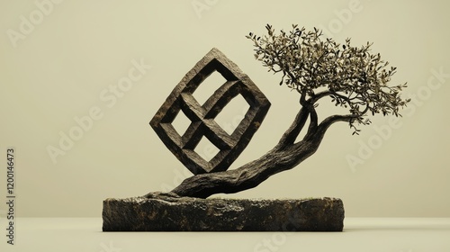 Highquality minimalistic 3D art featuring Eiwaz rune and tree branch photo