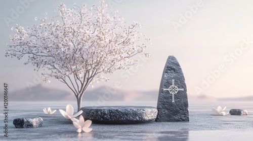 Highquality minimalistic 3D artwork featuring Berkana rune and tree photo