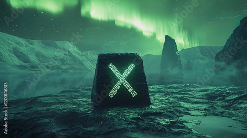 3D minimalistic Thurisaz rune with northern lights backdrop artwork photo