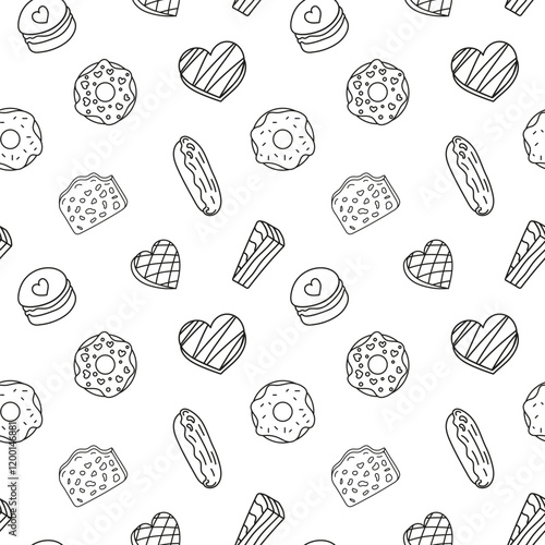 Sweets doodle Seamless pattern with chocolate, candies, eclairs, donuts, macarons. Vector patterns endless. Black line sample pattern for wallpaper, fabric, packaging, background.