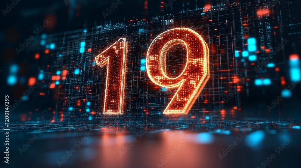 Glowing Digital Number 19 on Futuristic Technological Background, Abstract 3D Illustration Glowing Digital Number 19 on Futuristic Technological Background, Abstract 3D Illustration