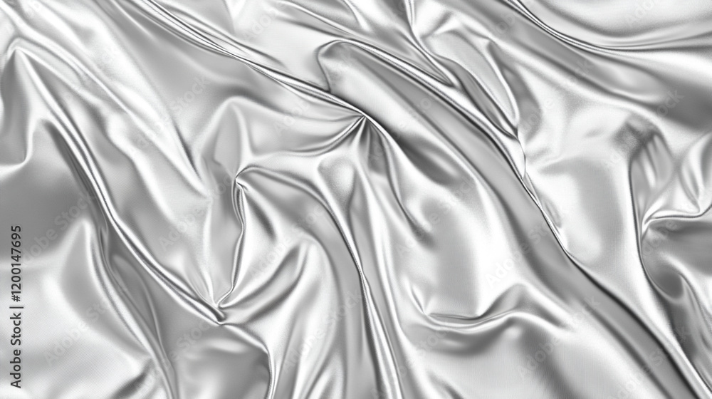 Fototapeta premium A reflective aluminum foil wrap texture with silver crinkles, showcasing subtle highlights and shadows, offering a modern and glossy finish with blurred empty space for a caption or text