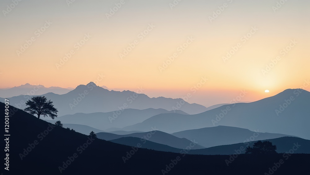 Obraz premium Dramatic sunset over majestic mountains; silhouetted tree contrasts against vibrant orange sky, casting serene light on rolling hills