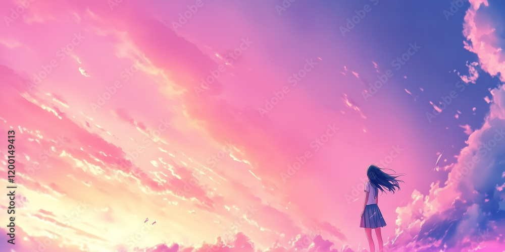 Naklejka premium Anime girl sunset view. Pink sky cloudscape dreamy aesthetic wallpaper. Serene nature scene. Soft pastel colors background. Beautiful artwork illustration.