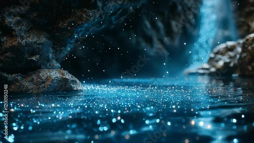 A serene underground cave with shimmering blue water and sparkling particles, creating a tranquil nature scene.