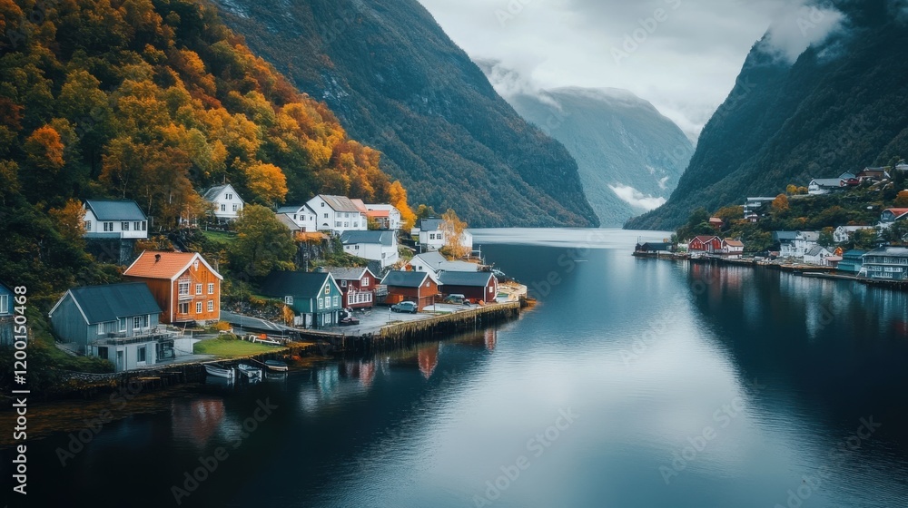 Fototapeta premium Charming village nestled in a fjord.