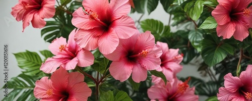 Tropical hibiscus flowers with red and pink petals, artistic, pink
