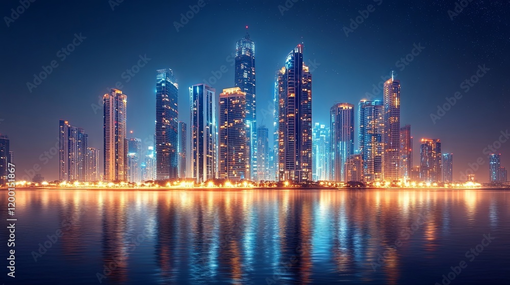 Fototapeta premium A nighttime view of a futuristic city featuring sleek, glowing skyscrapers. An ideal premium backdrop for showcasing cutting-edge technology