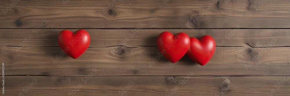 Top view of two red hearts on wooden surface for Valentines day, flat lay, celebration Top view of two red hearts on wooden surface for Valentines day, flat lay, celebration