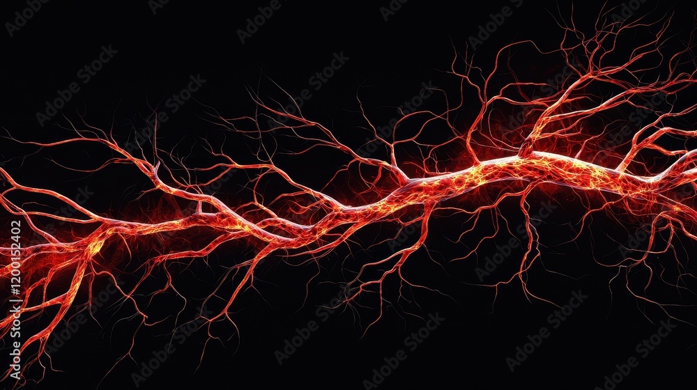 An arteriogram image with vibrant highlights of the main arteries branching out in intricate patterns glowing on a black background An arteriogram image with vibrant highlights of the main arteries branching out in intricate patterns glowing on a black background