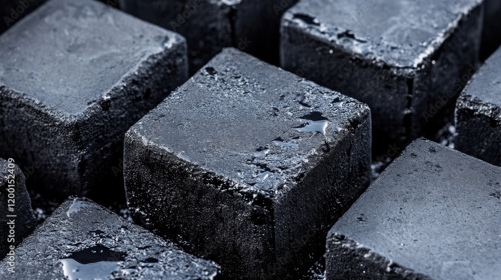 Close-up view of textured black concrete cubes arranged in a geometric pattern, showcasing their rough surfaces Close-up view of textured black concrete cubes arranged in a geometric pattern, showcasing their rough surfaces